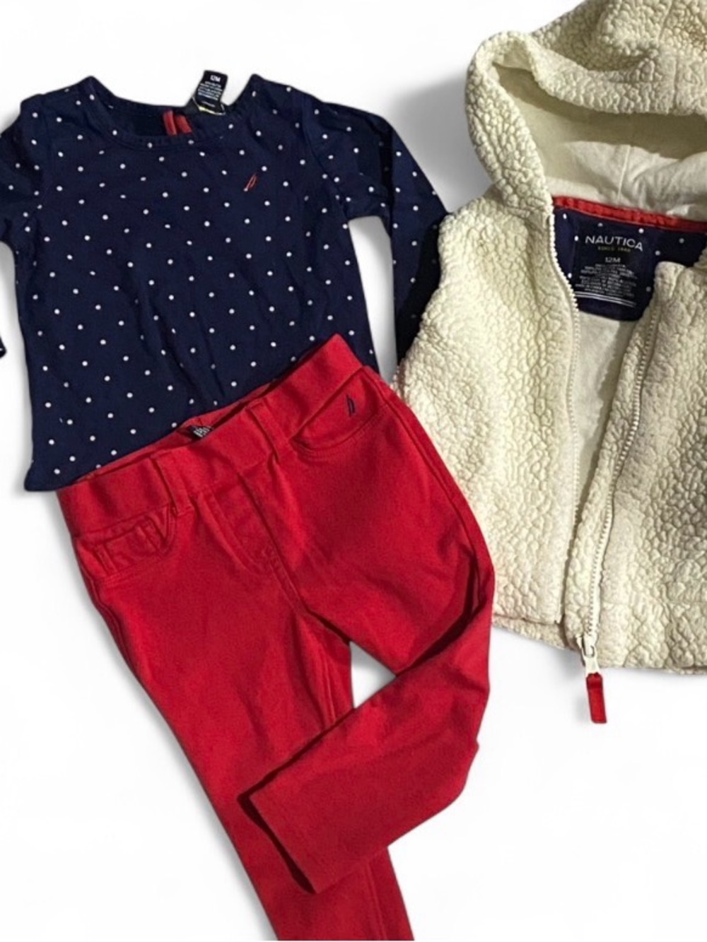 Nautica Navy Polka Dot Top, Cream Sherpa Hoodie & Red Pants Set 12 Months